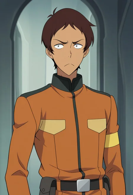 masterpiece,best quality,amazing quality, source_anime,
lanciuv, 1boy, male focus, solo, dark skin, dark-skinned male, brown hair, forehead, uniform, orange jacket, belt, frown,