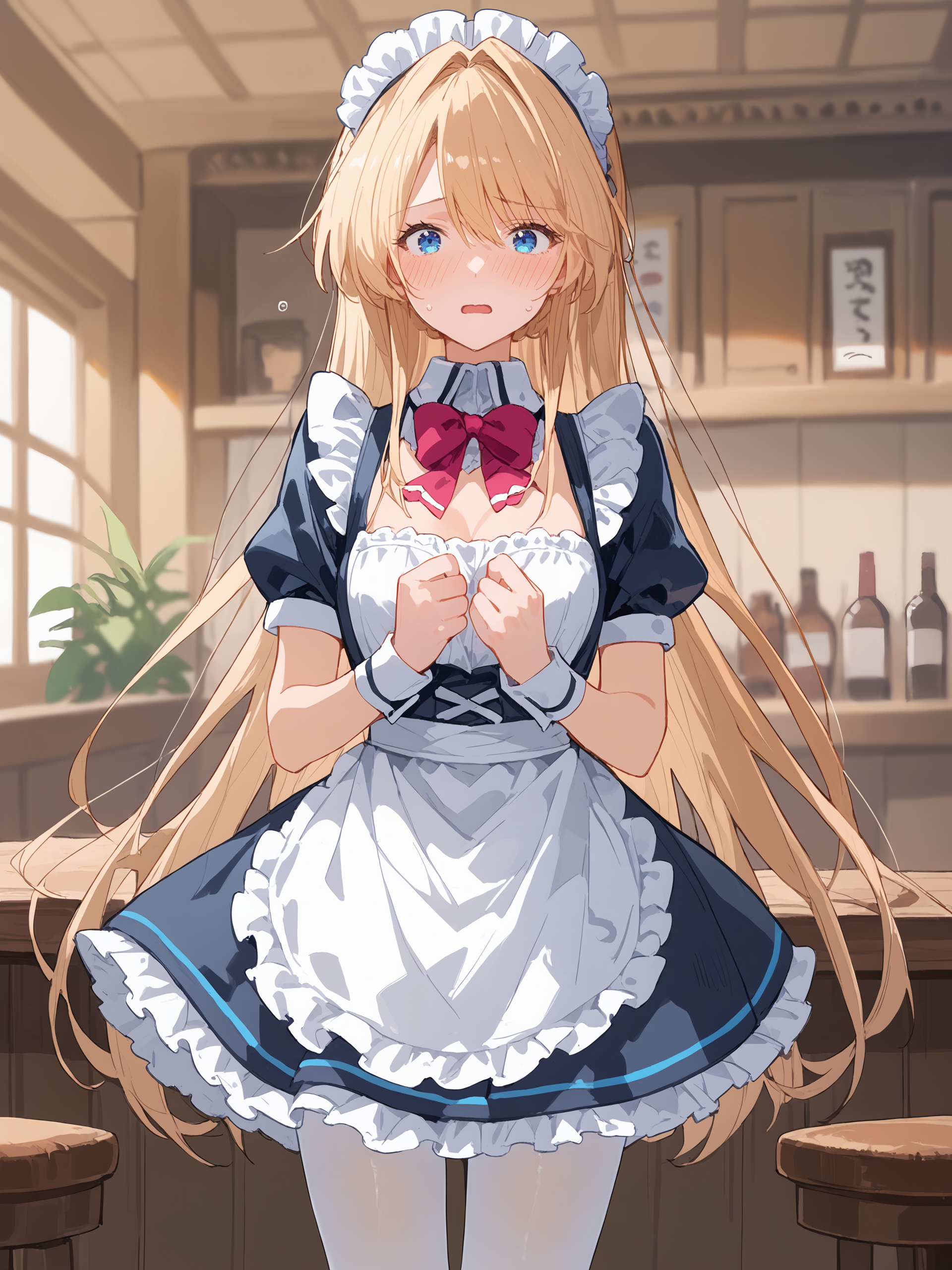 score_9, score_8_up, score_7_up, source_anime, ray tracing, best quality, <lora:Style-Expressive_H-pony:0.8>,  <lora:Char-Ouzuka-Mai-V1-Pony:0.9>,  1girl, ouzuka mai, solo, blue eyes, maid, maid headdress, maid apron, embarrassed, white pantyhose, open mouth, blush, parted lips, looking at viewer, cowboy shot, bar \(place\), indoors, depth of field