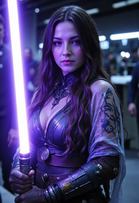realistic, PHOTOREALISTIC, ((perfect anatomy)), (futuristic warrior holding purple lightsaber:1.3), 25 years old, perfect quality, high quality,(sci-fi, star wars, jedi knight, empress, married), high quality, magnificent, Sharp focus, best quality, a stunning portrait of Jaina solo, big brown eyes, dark brown hair, long straight intricate hair, athletic female, ((fitness models, muscle detail, detailed muscle)), long athletic muscular legs, athletic round muscular butt, athletic hips, perfect breasts, perfect body, epic, long hair, intricate hairstyle, cute, soft skin, soft skin, textured skin ,shining glossy skin, soft abs, athletic waist, (slender body), sci-fi, futuristic, (intricate transparent flowing sheer jedi robes showing sexy body underneath:1.2, armor parts on body:1.2, marble armor:1.2, greave, boots), glowing Kintsugi tattoos on body:1.3, Expressiveh, (volumetric lighting:1.2), cinematic, cinematic lighting, reflections, ultra hd, visual effects, graphic effects, ambient occlusion, raytracing, soft lighting, realistic, blum effect, masterpiece, absolutely eye-catching, particles, glow, shining, (intricate cinematic background, on space station, outer space in background, Jaina is dueling an unseen sith lord swinging her lightsaber at them, using the force, god rays), (beautiful face), Perfect hand, Detailed hand, 5 fingers on each hand, R3alisticF, aidmamj6.1, in motion, eerie atmosphere
