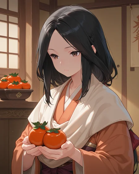 masterpiece, best quality,1girl, indoors, 1girl, upper body, persimmon, black hair, divinechild, japanese clothes, divinechild, <lora:divinechild:0.8>