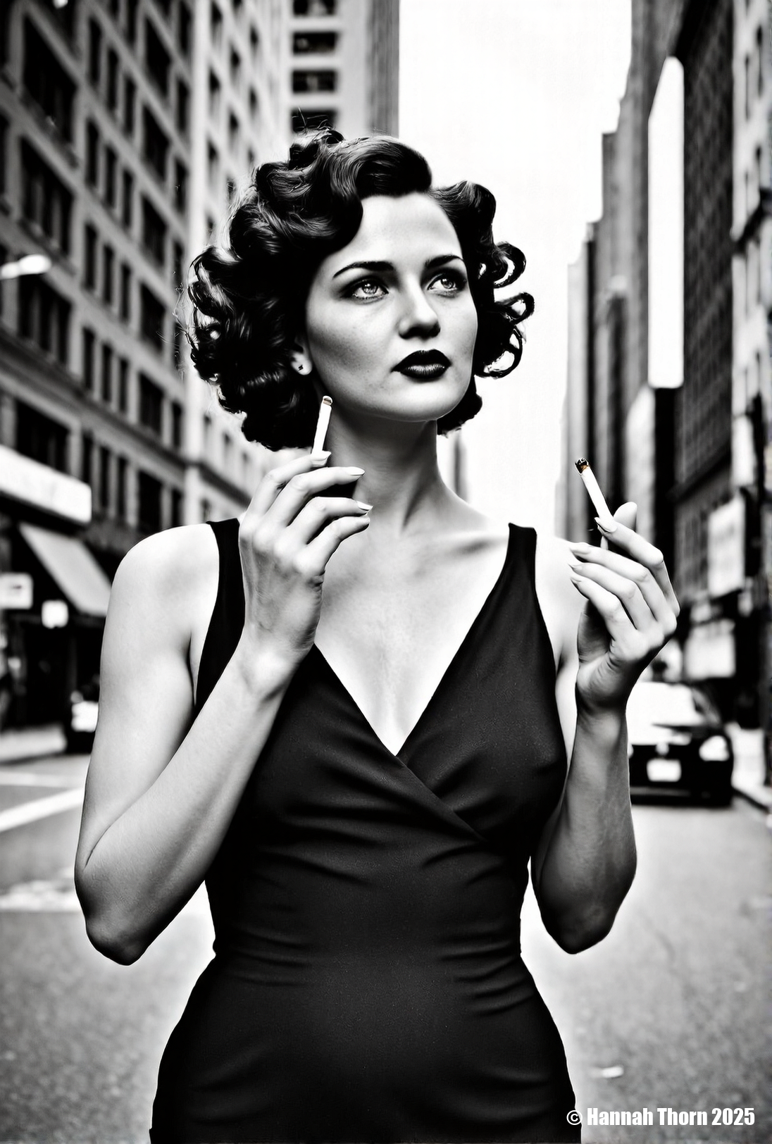 A realistic black and white portrait of a beautiful woman with dark, curly hair, standing in a bustling city street with tall buildings on either side, looking up and slightly to the right, holding a cigarette in her hand, wearing a dark v-neck dress, captured with a shallow depth of field, creating a dreamy and nostalgic atmosphere, reminiscent of classic fashion photography, the lighting is soft and diffused, emphasizing the woman's features and creating a sense of timeless elegance, shot with a medium format camera and a fast lens, such as an 85mm at f/2.8, to achieve a smooth bokeh effect in the background, the buildings are slightly blurred, adding to the overall sense of depth and focus on the subject, the composition is carefully balanced, with the woman positioned slightly off-center to create visual interest, the overall tone is sophisticated and glamorous, evoking a sense of old Hollywood charm, a sense of nostalgia and timeless beauty., <lora:_Flux\_Photographer\Helmut_Newton-000001.safetensors:0.8300000000000002:0.8300000000000002> <lora:_Flux\_Skin_Appearance\detailifier_flux-000006.safetensors:0.8300000000000002:0.8300000000000002> <lora:_Flux\_Skin_Appearance\Old_Beauty.safetensors:0.7500000000000001:0.7500000000000001>, A striking black and white portrait of a woman, reminiscent of classic Hollywood glamour, with a film strip draped across her face, creating a surreal and artistic effect. The image is captured with a shallow depth of field, emphasizing the sharpness of her features and the film strip, while gently blurring the background. The lighting is soft and diffused, highlighting the contours of her face and adding a timeless quality to the photograph. The overall style evokes the elegance of vintage photography, with a modern twist that challenges conventional portraiture. Shot with a Hasselblad camera and an 80mm lens, f/2.8, ISO 100., <lora:_Flux\_Photographer\Helmut_Newton-000001.safetensors:0.8300000000000002:0.8300000000000002> <lora:_Flux\_Skin_Appearance\detailifier_flux-000006.safetensors:0.8300000000000002:0.8300000000000002> <lora:_Flux\_Skin_Appearance\Old_Beauty.safetensors:0.7500000000000001:0.7500000000000001><lora:_Flux\_Photographer\Helmut_Newton-000001.safetensors:0.8300000000000002:0.8300000000000002> <lora:_Flux\_Skin_Appearance\detailifier_flux-000006.safetensors:0.8300000000000002:0.8300000000000002> <lora:_Flux\_Skin_Appearance\Old_Beauty.safetensors:0.7500000000000001:0.7500000000000001>