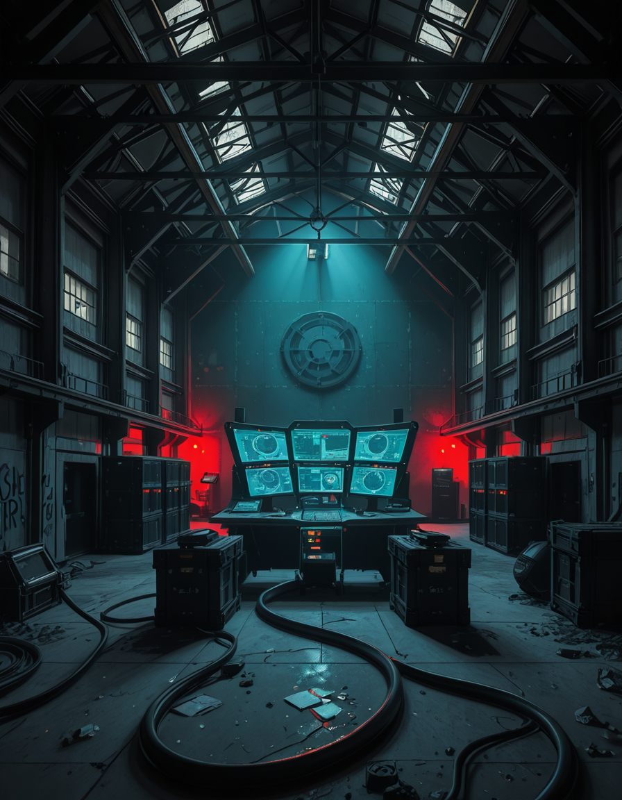 A dark, abandoned warehouse transformed into a villain's secret lair. The structure is massive and industrial, with rusted steel beams, shattered windows, and crumbling concrete walls covered in old graffiti. The floor is dusty and cracked, with scattered debris and oil stains. Dim red and blue lights glow from hidden sources, casting eerie, atmospheric shadows throughout the space. In the center, a high-tech command station glows with holographic maps, control panels, and futuristic computer screens. Advanced equipment, weapons racks, and strange scientific devices are neatly arranged on steel tables. Thick black cables snake across the floor and dangle from the ceiling. Makeshift metal dividers and reinforced crates create hidden zones for operations and storage. The setting is cinematic, mysterious, and tense, with dramatic lighting, high contrast between dark corners and glowing tech, and a realistic, moody art style â like a scene from a dystopian sci-fi thriller. No people or figures are present. 
<lora:SDXLFaeTastic2400:0.4> <lora:extremely_detailed:0.4> extremely detailed,villain secret l41r, <lora:villain_secret_l41r-i:1>, Masterpiece,best quality,hi res,8k,hi res,8k,award winning,(sharp focus, intricate, highly detailed),