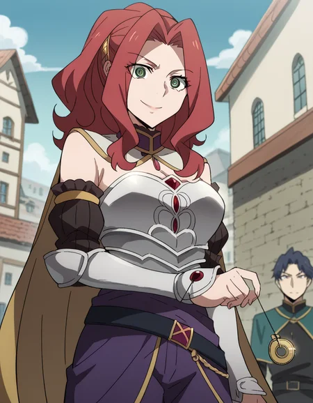 score_9, score_8_up, score_7_up, source_anime, <lora:malty-melromarc-s1s2s3-ponyxl-lora-nochekaiser:1>, malty melromarc, long hair, green eyes, red hair, parted bangs, ponytail, medium breasts, bare shoulders, belt, cape, armor, breastplate,, military base, soldiers, secure, buildings, training, smile, <lora:pendulum-ponyxl-lora-nochekaiser:1>, pendulum, holed coin, coin on string, hypnosis, mind control, coin, @ @,, looking at viewer, solo,, dutch angle, cowboy shot