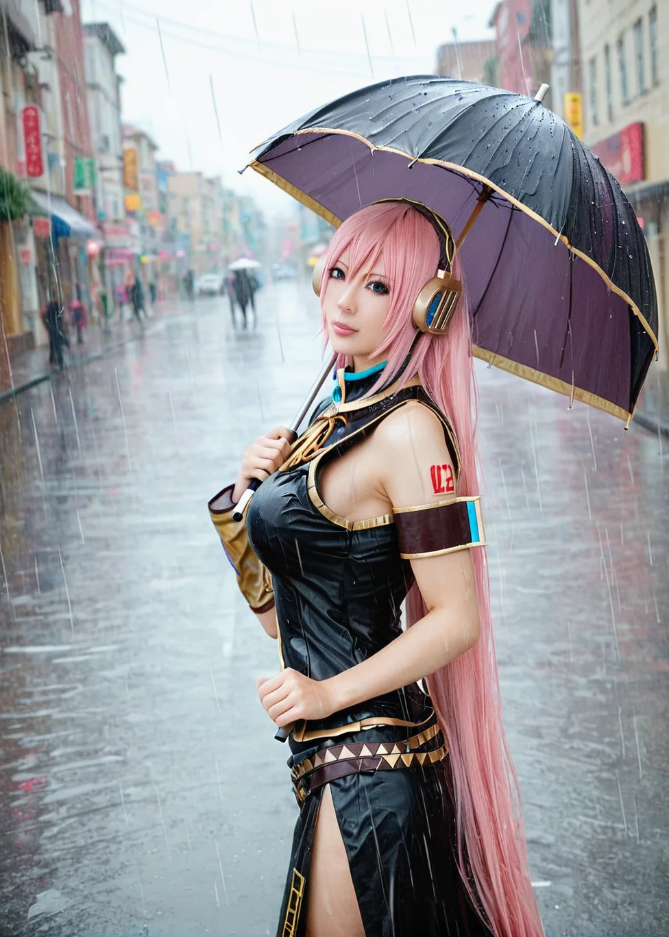 score_9, highly detailed, 1girl, megurine luka v2, pink hair, large breasts, very long hair, street background, rain, looking at viewer, holding umbrella <lora:Megurine_Luka_V2_Pony_Realistic:1>