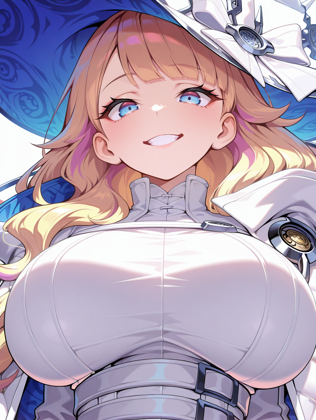 diabellze the original sinkeeper, 1girl, solo, smile, upper body, looking at viewer, white background, simple background, large breasts, grin, parted lips, white coat, teeth, white witch hat, white bodysuit
masterpiece,best quality,amazing quality,very aesthetic,absurdres,newest,<lora:diabellstar the black witch and original sinkeeper illuXL v1.2:0.8>,