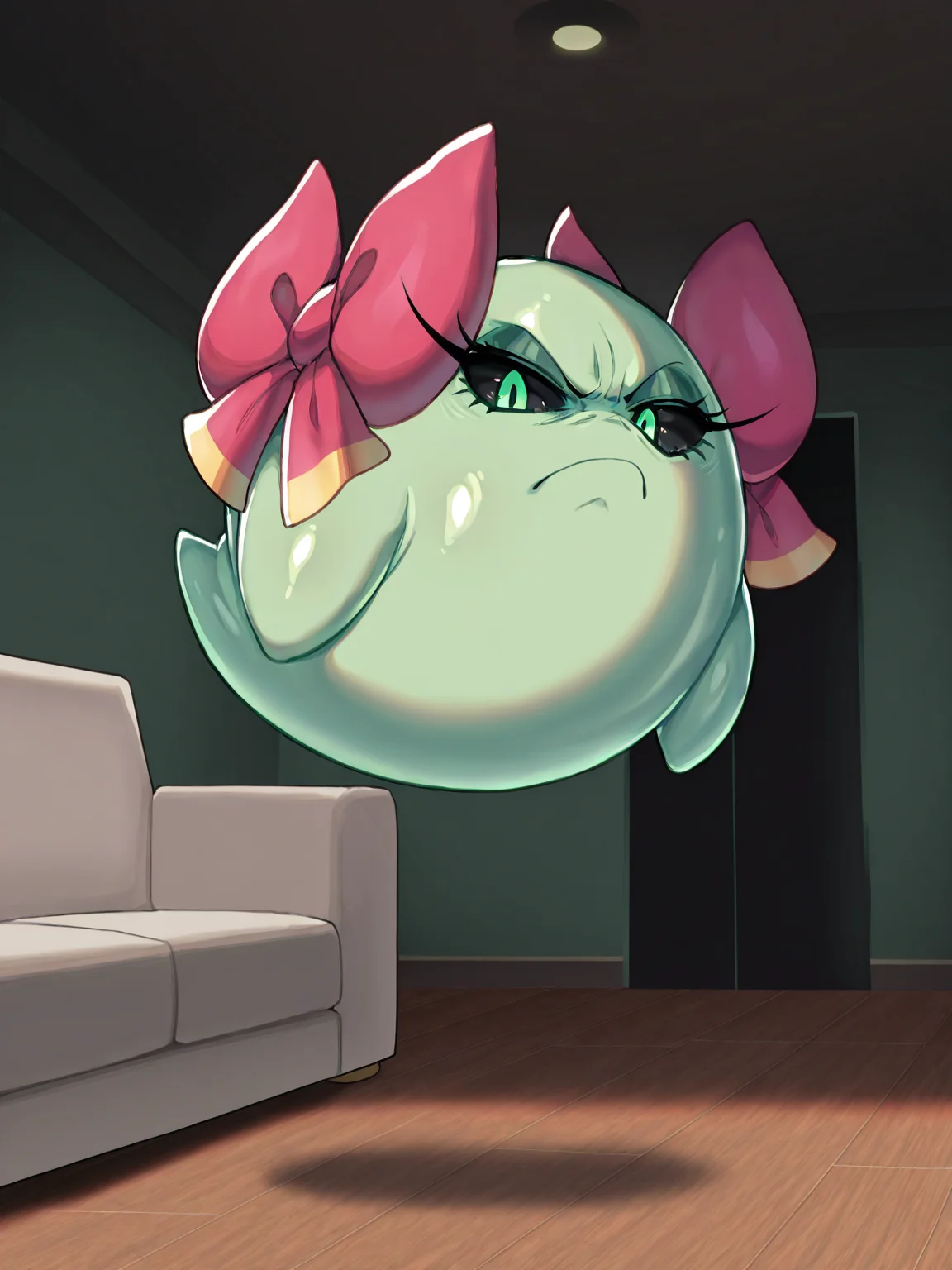 (anger, frown, floating, no humans, full body, solo,), <lora:Boo:0.9>, lady bow, green skin, shiny skin, green eyes, black sclera, long eyelashes, looking at viewer, living room,
masterpiece, best quality, good quality, newest, very awa, absurdres, highres, feral,