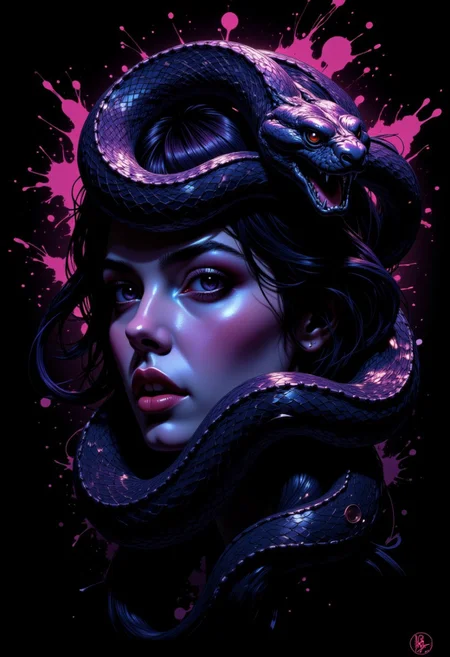 DGC style digital illustration, Magic style,
Close-up. The image is a digital art piece that features a close-up of a woman's face with a snake coiled around her head. The snake's body is intricately detailed with scales and its head is facing towards the right side of the image. The woman's eyes are a deep purple color and her lips are a lighter shade of purple.
The background is black with splashes of pink and purple, giving the image a futuristic and edgy feel.
The snake's head is covered in a pattern of small circles and lines, creating a sense of depth and dimension. The overall effect is one of power and strength. The image has a dark and mysterious feel to it.