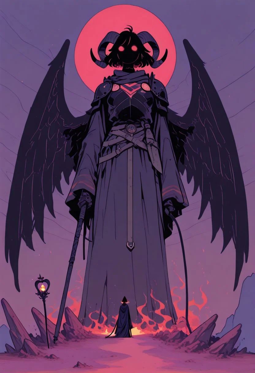 score_9, score_8_up, score_7_up, masterpiece, best quality, very aesthetic, art nouveau, Flatline, Flat vector illustration, SMN0UV34UDSK, art nouveau, 1woman, incoth, (incase:0.6), detailed face, (dynamic:1.2), demon, balrog woman, curled horns, giantess, cliff, abyss, violet flames, glowing whip, whip, huge wings, glowing eyes, glowing hair, armor, knight's armor, swinging whip, badass, dark, epic, perspective, (mage, robe, staff), belle époque, jugendstil, secession, liberty, guimard, mucha, klimt, fin de siècle
