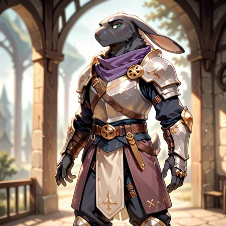 masterpiece, best quality, amazing quality, very aesthetic, solo,
harengon, furry hare, tail, drooping ears,
1 boy, male focus, green eyes, black skin, full armor,
looking at the viewer,
fantasy background, blurred background,
