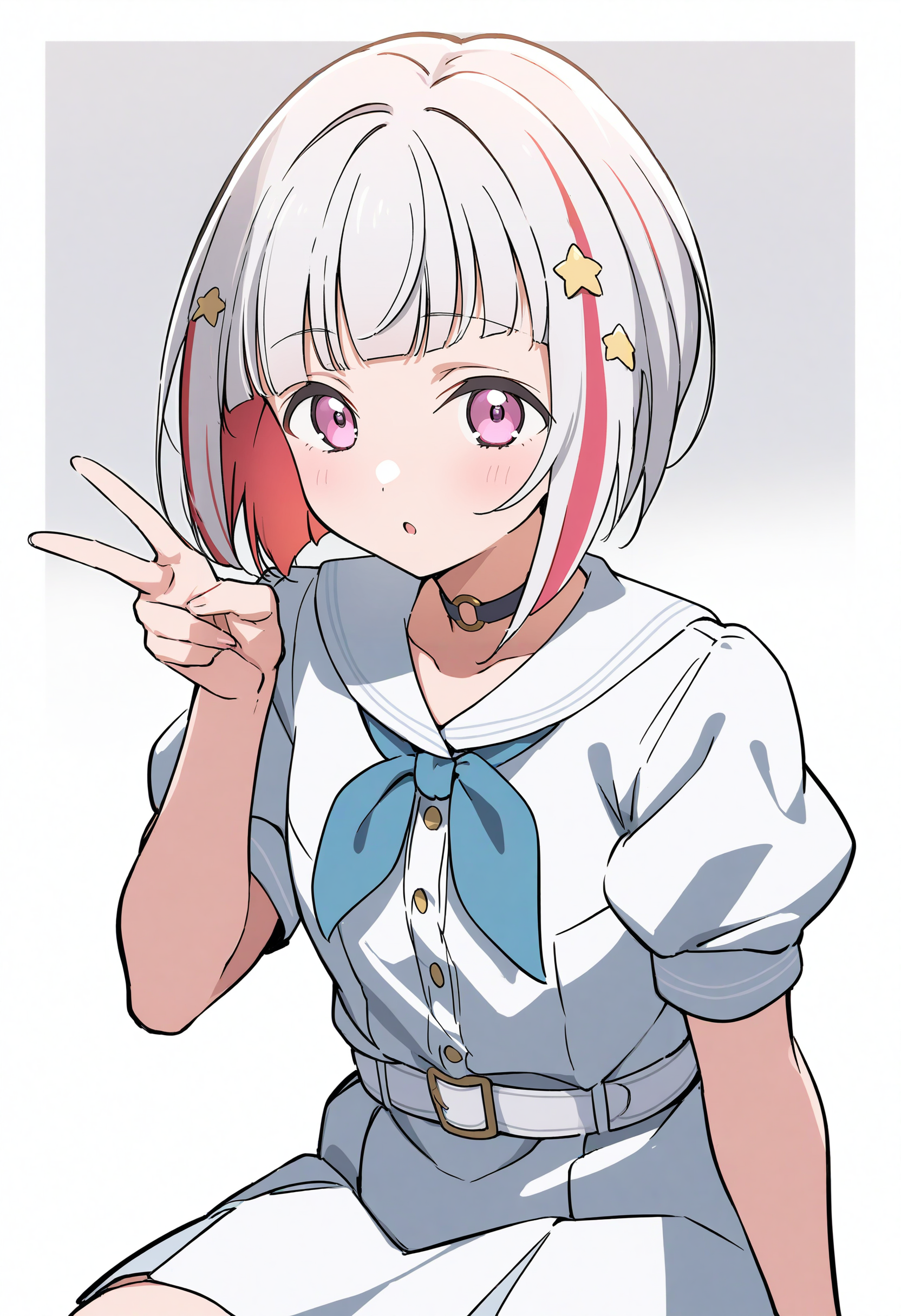 1girl, best quality, masterpiece, anime, anime coloring, simple background, white background, white theme, red outside border, looking at viewer, :o, 
<lora:A_XL_Yugiri Tsuzuri v2_Animagine31:1> yugiri tsuzuri, link! like! love live!, short hair, bangs, multicolored hair, hair ornament, streaked hair, white hair, red hair, pink eyes, blunt bangs, star hair ornament, white belt,
summer uniform, hasunosora school uniform, short sleeves, blue neckerchief, white shirt, white skirt, cowboy shot, sitting, v, peace_sign