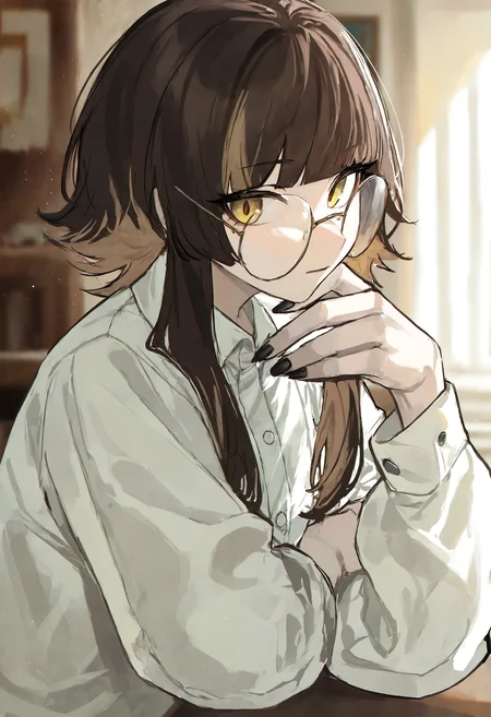 masterpiece, highres, absurdres, newest, very awa, depth of field, blurry background, face focus, light particles, 1girl, solo, yellow eyes, brown hair, side locks, blunt bangs, two-tone hair, black nails, round eyewear, white dress shirt, hand on own chin, arm support, looking at viewer, sunlight, indoors, from side, <lora:spo_sdxl_10ep_4k-data_lora_webui>, <lora:NOOB_EPSv1_1_detailer_by_vlnvk_v1_0:0.5>, <lora:illustrious_noobai_epsilon_pred_1_best_quality_v1:0.8>, <lora:walkingboring:0.8>