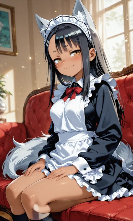 masterpiece, cute, lovely, (best quality:1.3), (amazing quality:1.3) ,very aesthetic, 1girl, solo, blush, (medium breasts:1.2), face satisfied, high gradient eyes, Nagatoro_Hayase_Style, black_hair, brown_eyes, bangs, long_hair, hairclip, hair_ornament, straight_hair, very cute, light particles, cute details, cute colors, naughty face, smug, BREAK, maid, very long black hair, straight hair, blunt bangs, hime cut, teal eyes, wolf ears, long fluffy tail, full sleeves maid dress, oversized clothes, frilled dress, blush, scornful eyes, disgusted face, lap pillow invitation pose, line movements, patting thighs, looking at viewer, very cute, closeup, from side, masterpiece,best quality, light particles, cute details, cute colors, on a sofa, seiza, fantasy sofa, plain background