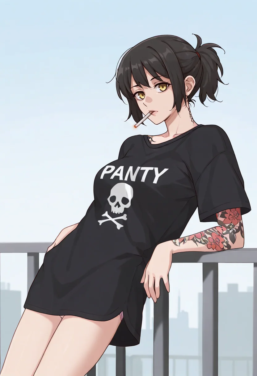 1girl, solo, against railing, leaning back, balcony, cigarette, black hair, short hair, ponytail, yellow eyes, arm tattoo, oversized t-shirt, medium breasts, panty peek, expressionless, looking at viewer,  <lora:todding_IL:1>