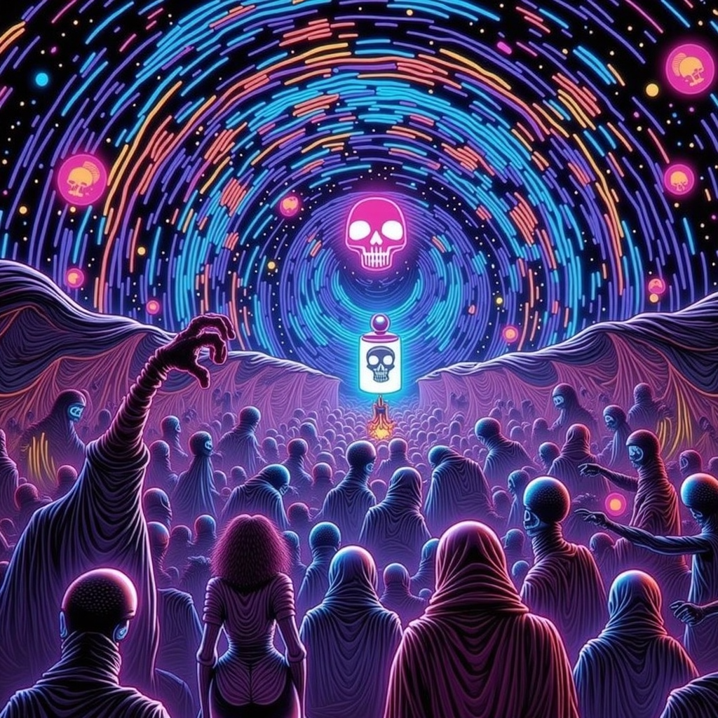 psychedelic style concept art Dark Fantasy Art, <lora:Undead Apocalypse v1:1> und34dpsy, a zero-gravity rave happening inside a spinning wormhole, hosted by interdimensional deadites wearing chrome robes. The DJ is a floating skull in a jar. Attendees include psychedelic skeletons, zombie astronauts, and mutated alien groupies. Colors bend and smear, everything floats, and beat drops cause physical ripples in space. Scene loops seamlessly with animated space dust and twitchy camera pans., dark, moody, dark fantasy style . digital artwork, illustrative, painterly, matte painting, highly detailed . vibrant colors, swirling patterns, abstract forms, surreal, trippy