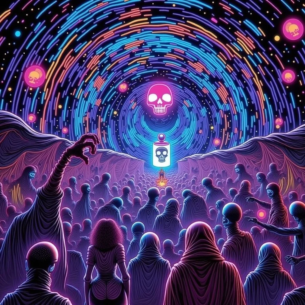 psychedelic style concept art Dark Fantasy Art, <lora:Undead Apocalypse v1:1> und34dpsy, a zero-gravity rave happening inside a spinning wormhole, hosted by interdimensional deadites wearing chrome robes. The DJ is a floating skull in a jar. Attendees include psychedelic skeletons, zombie astronauts, and mutated alien groupies. Colors bend and smear, everything floats, and beat drops cause physical ripples in space. Scene loops seamlessly with animated space dust and twitchy camera pans., dark, moody, dark fantasy style . digital artwork, illustrative, painterly, matte painting, highly detailed . vibrant colors, swirling patterns, abstract forms, surreal, trippy