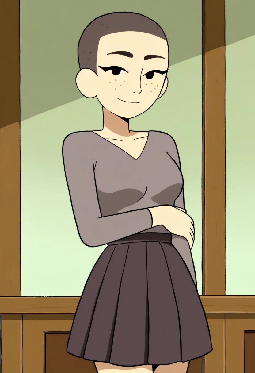 masterpiece, best quality, absurdes, 1girl, solo,
source_cartoon,
<lora:Kat (Craig of the Creek) (Illust):0.8> Kat_CotC, black eyes, freckles, very short hair, smile, black eyes,
beautiful, cute, gray shirt, long sleeves, pleated skirt, dark skirt, mature female, medium breasts, smile,
indoors,
<lora:Detailer_NoobAI_Incrs_v1:0.6> detailed,