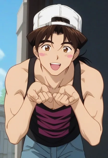 ((masterpiece)), ((best quality)), ((ultra-detailed)), ((absurdres)), score_9_up, score_8_up, score_7_up,
HD, top quality, best quality, amazing quality, High-quality illustrations, anime screencap, source_anime, best aesthetic, perfect proportions, perfect eyes, 1boy, 1male, solo boy, solo male, male focus, solo male focus, Anime, boy, male anime character, anime boy, handsome, attractive, cute, charming, sexy, hot, ((tall, tall body, tall height)), ((lean body, slim body)), easynegative, Expressiveh, neghands, updn, Kintaro Oe, brown hair, ponytail, brown eyes, white cap, backwards cap, black shirt,  blue jeans, outside public, sunny weather, hot weather, ((happy, joyful, bright happy eyes, big eyes)), big smile with teeth, blush stickers on cheeks, ((gentle look, kind look, looking at front, looking at viewer)), ((standing straight))