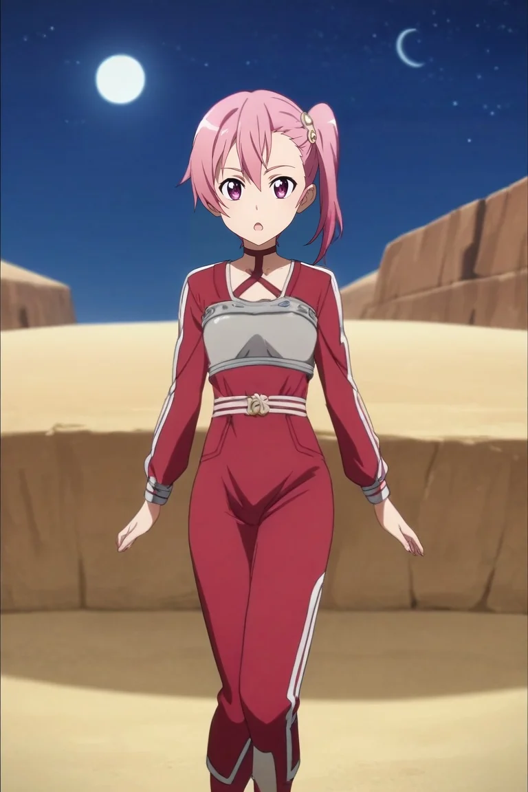 score_9, score_8_up, score_7_up, source_anime, rating_safe, anime screencap, , looking at viewer, depth of field, 1girl, purple eyes, titian hair, side braid, ,, solo, symmetry, sahara desert, night, crescent moon, standing on one leg, open mouth, <lora:sao_style_pony:1>, sao_style, , <lora:sdxl_lightning_8step_lora:1>