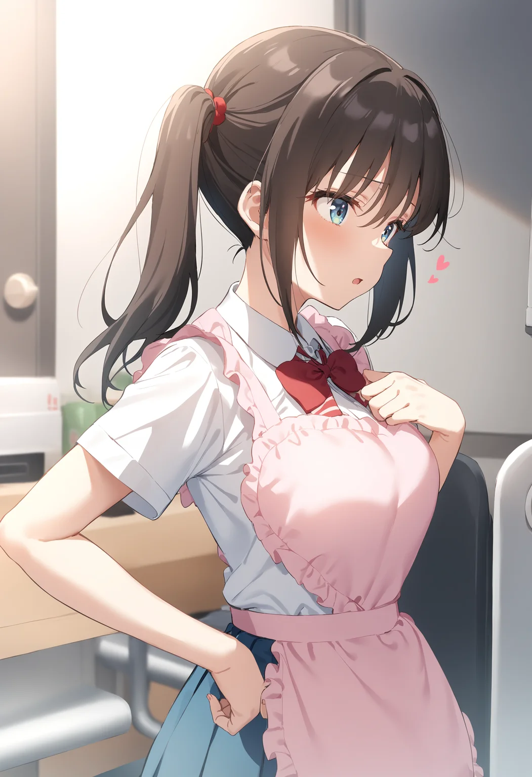 1girl,sincos, ningen mame, toosaka asagi,solo,medium breasts,school uniform,
heart apron,apron, frills, frilled apron, <lora:heartapron_XL_v1:0.6>
from side, panorama shot, looking to the side, brown hair, gray eyes,expressionless, rest room, open mouth, side ponytail hair,,
best quality, very aesthetic, absurdres