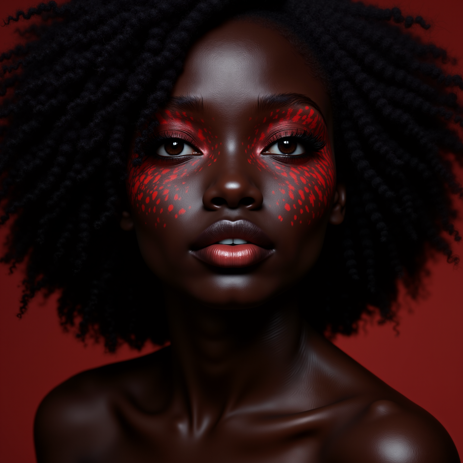 A portrait of a woman with deep black skin is beautifully adorned with a subtle red pattern that gently weaves across her face, enhancing her striking features and creating a captivating contrast that draws the eye.<lora:MyLoras\Cuteism\Flux_CuteismV1a.safetensors:1.0:1.0> <lora:MyLoras\FantasmV1\Flux_Fantasm.safetensors:0.5:0.5>