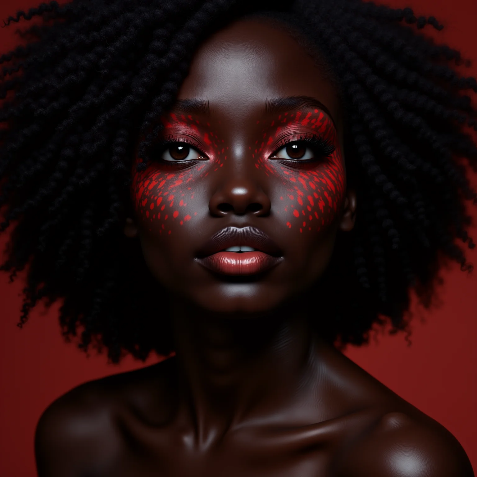 A portrait of a woman with deep black skin is beautifully adorned with a subtle red pattern that gently weaves across her face, enhancing her striking features and creating a captivating contrast that draws the eye.<lora:MyLoras\Cuteism\Flux_CuteismV1a.safetensors:1.0:1.0> <lora:MyLoras\FantasmV1\Flux_Fantasm.safetensors:0.5:0.5>
