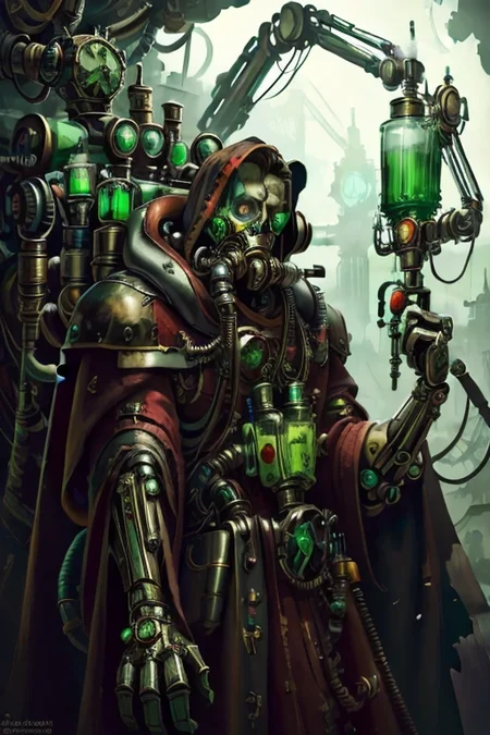 ((masterpiece,best quality)), absurdres, mechanical arms, robes, hood, (techpriest), cyborg, mechanical face, (AbsinthePunkAI)