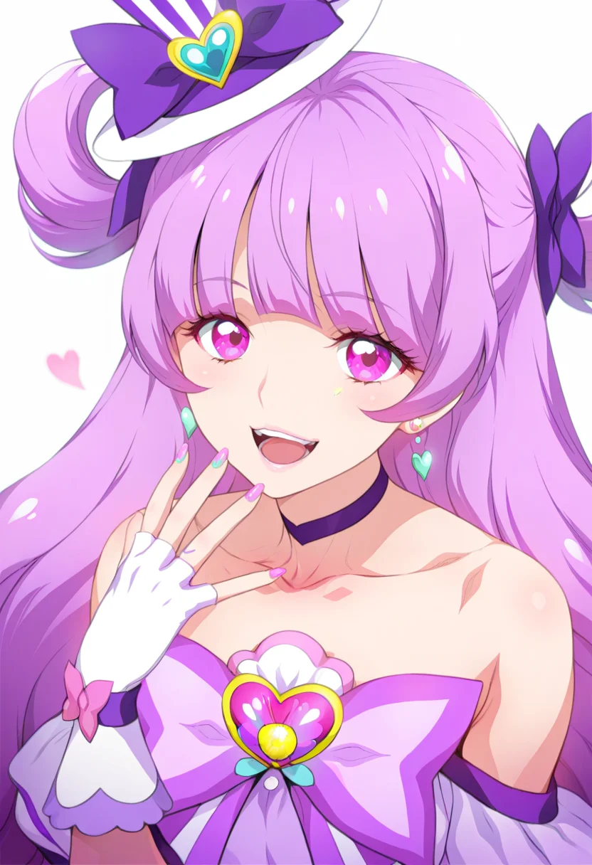 masterpiece, best quality, <lora:Joy_Ride:1> J01R1d3, 1girl, solo, heart, hat, bow, collarbone, long hair, smile, earrings, open mouth, gloves, choker, purple hair, looking at viewer, :d, white background, nail polish, hair bow, jewelry, simple background, bare shoulders, bangs, teeth, magical girl