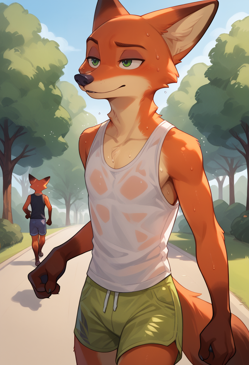 score_9, score_8_up, score_7_up,
((best quality)), absurdres,
<lora:NickWildePXL:1>  NickWildePXL, slim figure, anthro, male, 1boy,
park, jogging, in motion,  tank top, short shorts, translucent topwear, sweat, outdoors, half body portrait,
<lora:Smooth Anime Style LoRA XL:0.7> Smooth, Anime, <lora:Expressive_H:1> Expressiveh,