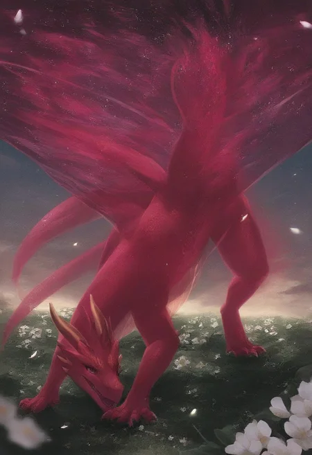 score_9, score_8_up, score_7_up, extreme detail, Masterpiece, Best Quality,realistic lighting, realistic shadows, cinematic lighting, volumetric lighting, bloom, post processing, 4k, high definition,  (((( classic dragon, red Dragon, small red dragon, standing on all fours, ((translucent Dragon, translucent red Dragon, ethereal Dragon)), dragon made of fire)))), glowing, flowers, full body, facing the camera, ,
 in a japanese castle yard, blooming cherry tree,