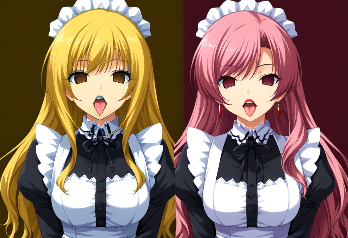 anime, empty eyes, hypnotized, blank stare, expressionless, two girls, adult, close up, lipstick, red lipstick, yellow lipstick, green lipstick, blue lipstick, purple lipstick, pink lipstick, black lipstick, long hair, maid outfit, hug from behind, ear licking, tongue, saliva string