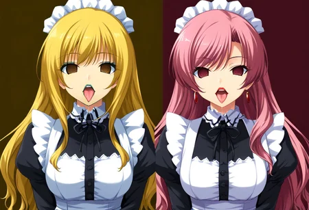 anime, empty eyes, hypnotized, blank stare, expressionless, two girls, adult, close up, lipstick, red lipstick, yellow lipstick, green lipstick, blue lipstick, purple lipstick, pink lipstick, black lipstick, long hair, maid outfit, hug from behind, ear licking, tongue, saliva string