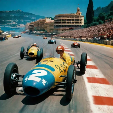 Monaco 1940s,Grand Prix,racing cars, one in front, cars behind blurred, all cars kept within frame ofpicture,racetrackoutdoors,sky,day,
cloud,tree,blue sky,_p_style, all with drivers, racing drivers, drivers heads all facing forwards, all wearing helmets,red car, blue car, yellow car<lora:VintagePPXL:1>, (masterpiece, best quality, ultra-detailed, best shadow), high contrast, (best illumination), ((cinematic light)), colorful, hyper detail, dramatic light, intricate details, ultra detailed artistic photography, dreamy, backlit, shadows, ultra high definition, 8k, ultra sharp focus, ultra high quality, soft lighting, film photography, analogue photography, hyperrealism,