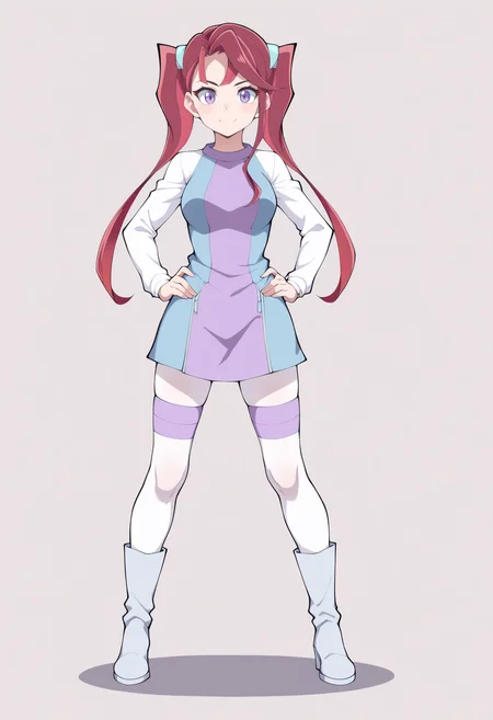 best quality, amazing quality, very aesthetic, absurdres, thick lineart,
1girl, ray akaba, red hair, twintails, hair ornament, purple eyes, long hair,
dress, pantyhose, thighhighs, boots,
full body, standing, hands on hips,
smile, looking at viewer, solo, (simple background, white background), <lora:RayAkabaNoobXL_byKonanV2:1>