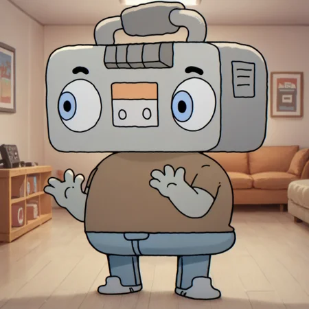 score_9, score_8_up, score_7_up,  juke, male, solo, grey skin, boombox head, blue eyes, black eyebrows, short, plump, brown shirt, blue jeans, grey shoes, standing, happy, indoors, living room