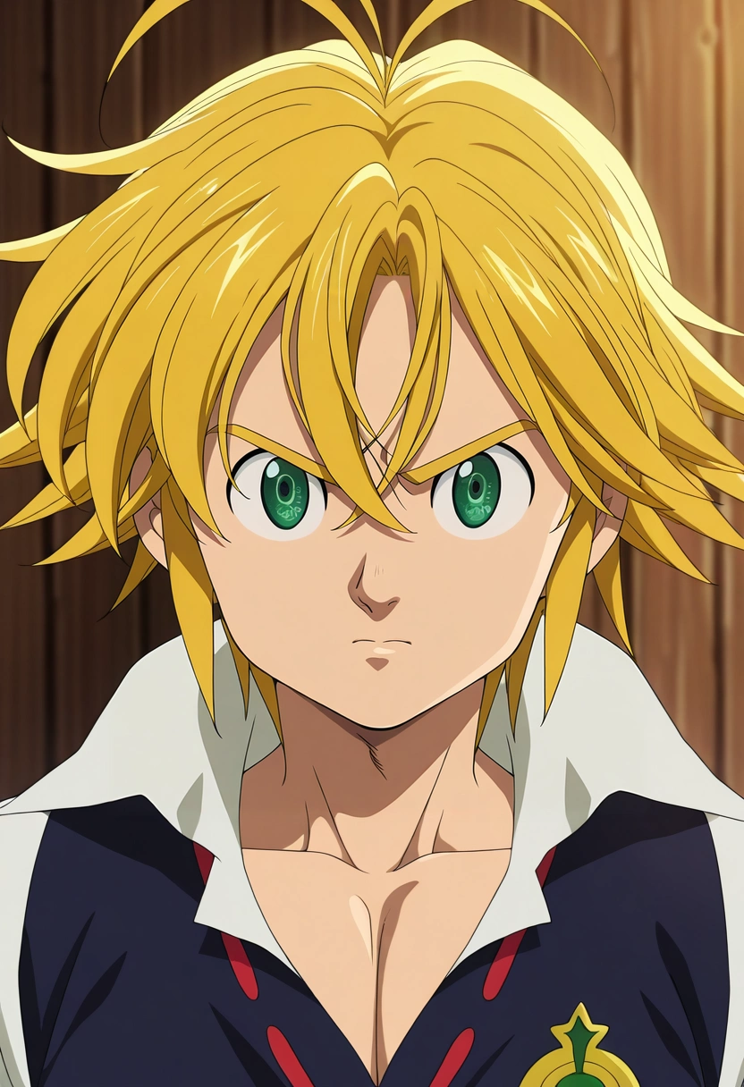 masterpiece, best quality, , anime screencap, anime coloring, official style, looking at viewer, 1boy, solo, male focus, <lora:meliodas_nanatsu_no_taizai_ilxl:0.9>, meliodas_nanatsu_no_taizai, blonde hair, green eyes, short hair, antenna hair, hair between eyes, ,