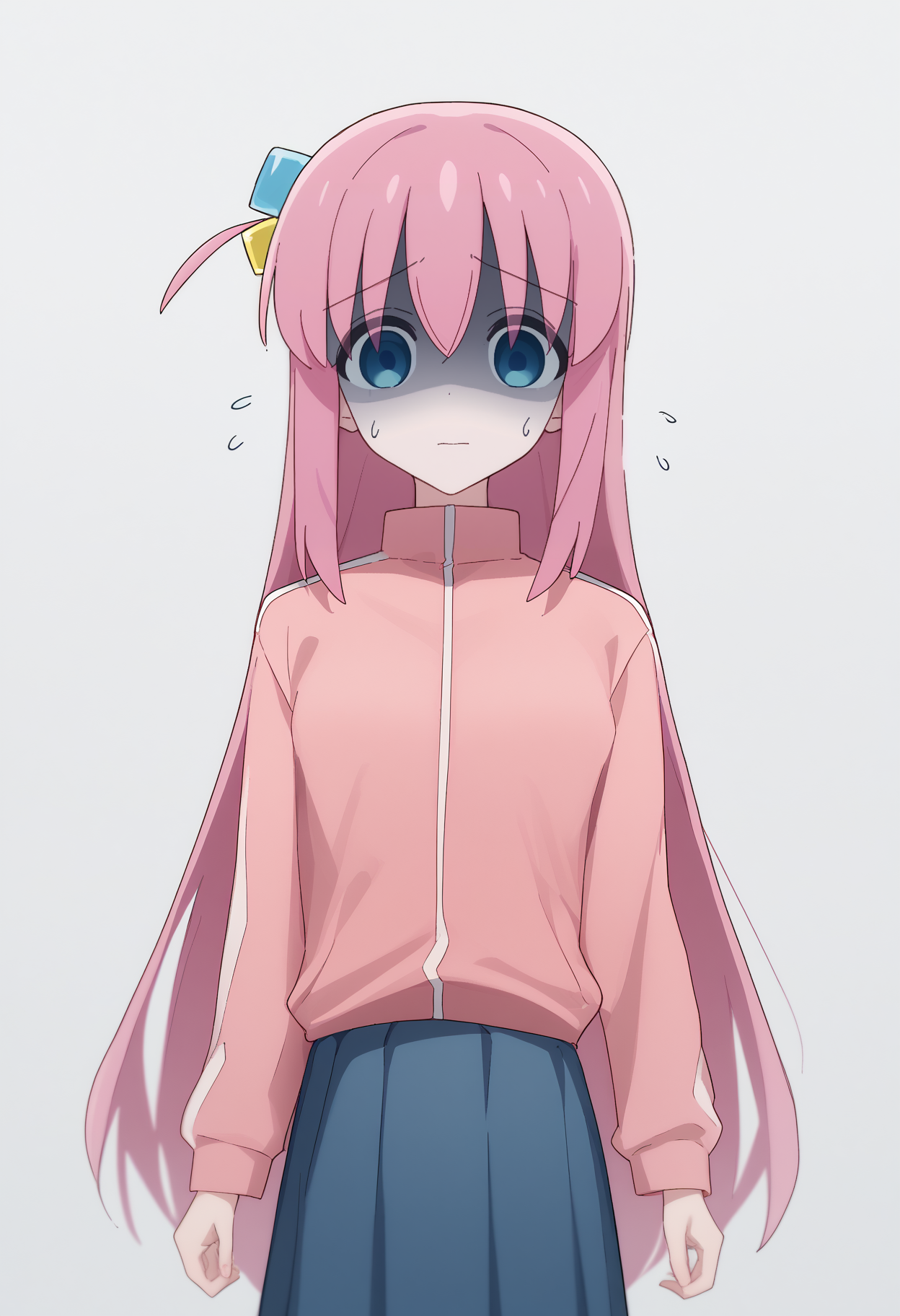 score_7_up, score_6_up, <break> simple background, white background, solo, 1girl, gotoh hitori, bocchi the rock!, shaded face, nervous, looking at you, standing, long hair, pink hair, one side up, cube hair ornament, blue eyes, pink jacket, track jacket, long skirt, blue skirt, pleated skirt
 <segment:yolo-face_yolov8m.pt,0.4,0.5//cid=1>