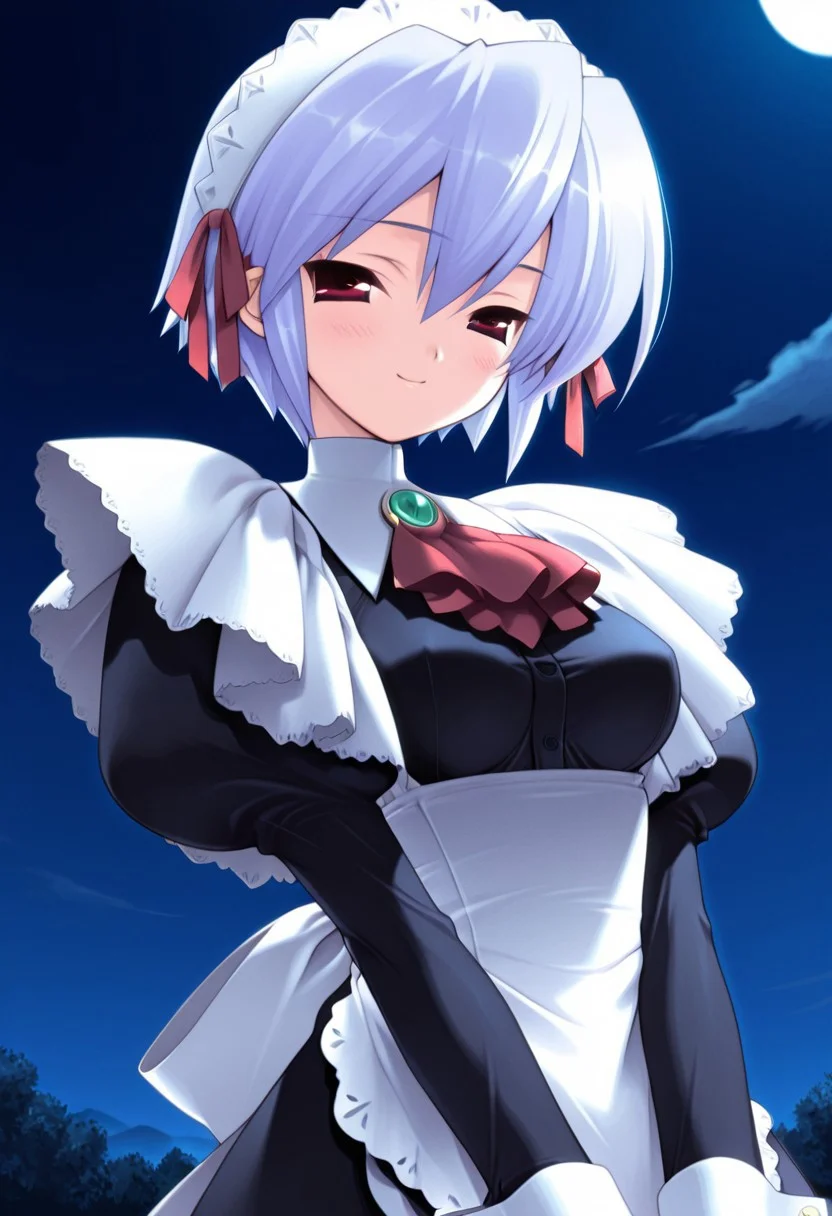 masterpiece, best quality, amazing quality, 2000s (style), 1girl, solo, koto_yuki, blue short hair,medium breasts,red eyes, y_maiddress,y_maidapron, lace trim, wrist cuffs, red ascot, green brooch, y_maidheaddress, looking at viewer, smile, blush, dramatic scene, night, portrait