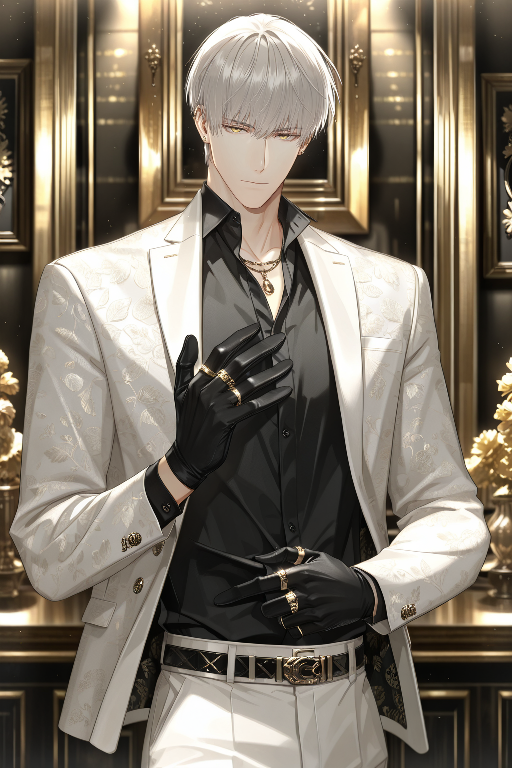 <lora:sariel-IL:0.9>,sariel, white hair, 1boy, male focus, gloves, jewelry, solo, black gloves, white pants, necklace, shirt, yellow eyes, jacket, ring, pants, black shirt, belt, looking at viewer, short hair, cowboy shot, closed mouth, long sleeves, collared shirt, white jacket, formal, adjusting clothes, yaoi,bara,male focus,very awa,masterpiece,best quality,amazing quality,nsfw,uncersored,highres,best quality,amazing quality,best aesthetic,absurdres,