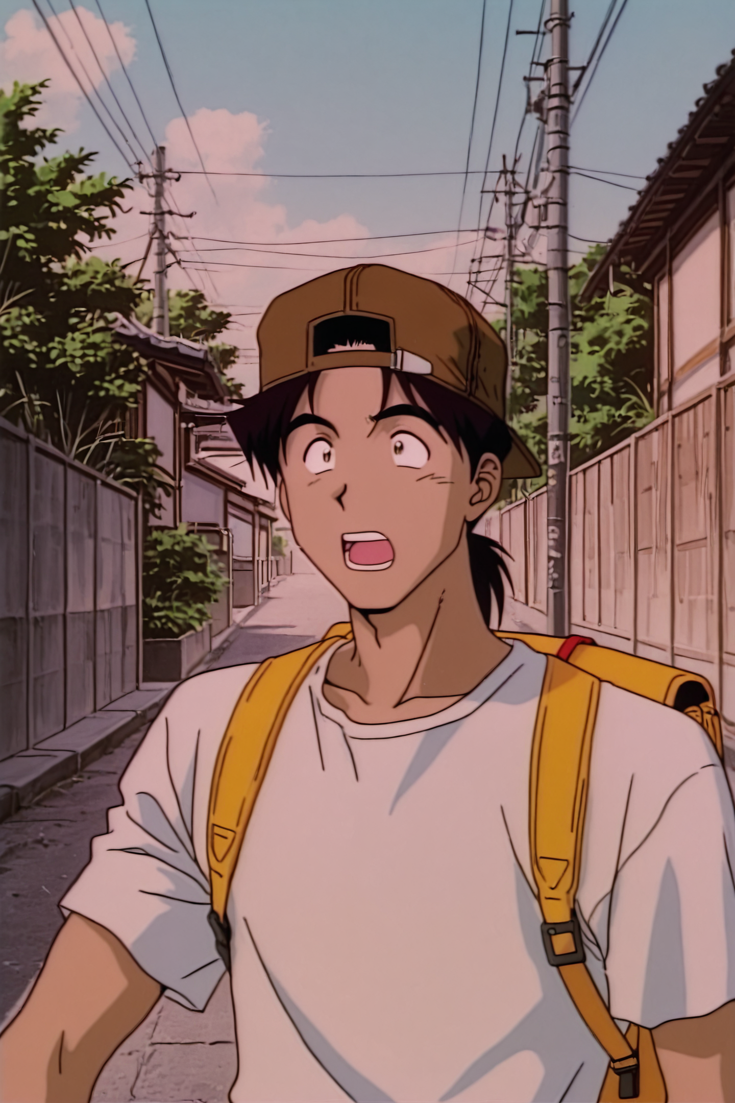 Kintaro Oe,backpack,1boy,male focus,solo,hat,open mouth,bag,backwards hat,baseball cap,shirt,white shirt,black hair,outdoors,short hair,1990s \(style\),
<lora:Golden Boy_illustriousXL:1>,