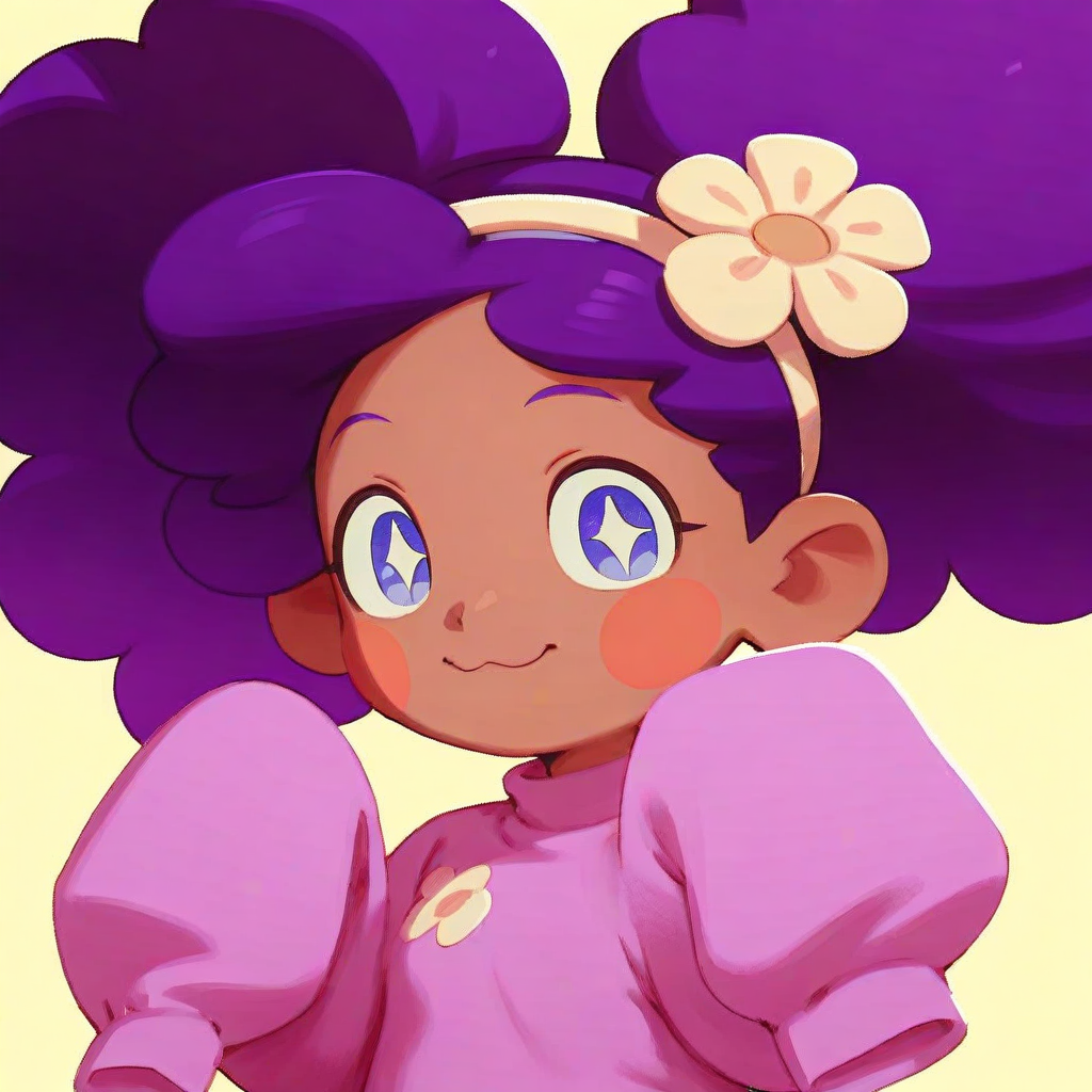 score_9, solo, 1girl, dark skin, purple hair, big hair, hair flower, sleeves past wrists, blush stickers
