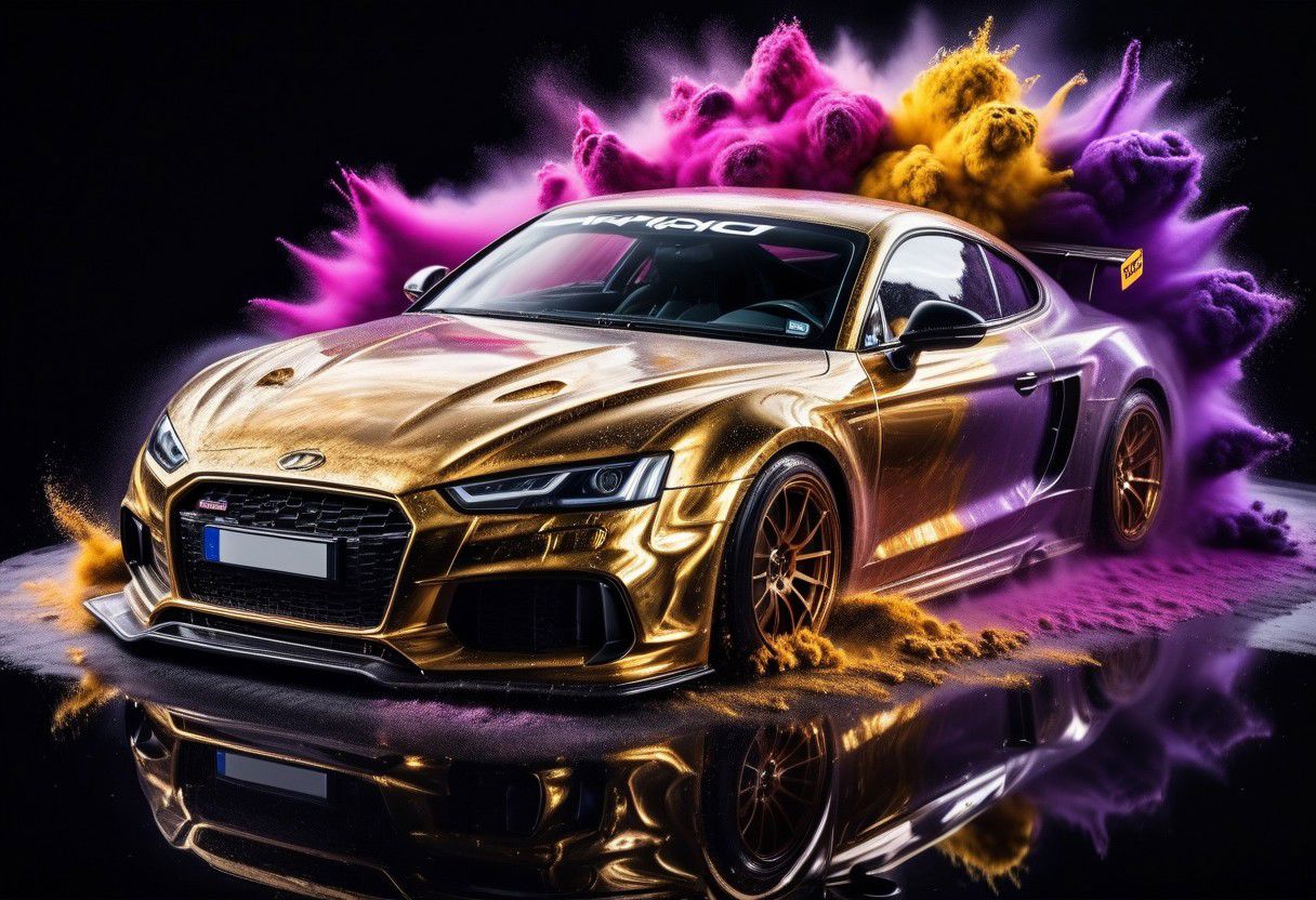 GOLD LIQUID METAL sports car, race car, racing through SILVER LIQUID METAL, liquid metal sprays up from the cars tyres, Car drifting in a black void, huge colourful powder Explosion above the car