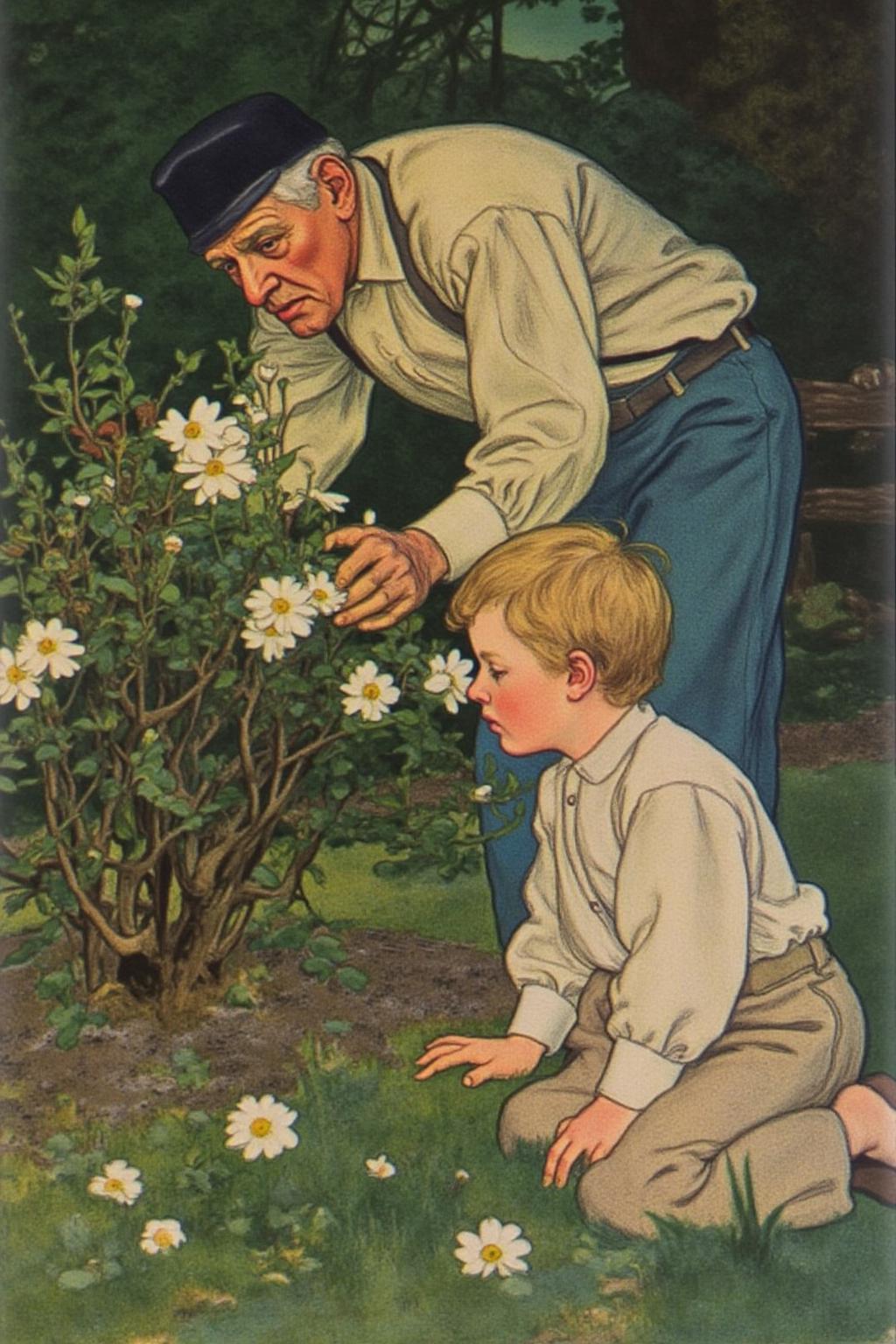 shippengreen1 illustration.
An elderly man and a young boy in a lush outdoor garden.
The elderly man has a weathered face and wears a dark cap and light-colored shirt, bending over a bush with white flowers. The boy is kneeling on the ground, turning his head sideways to look at the flowers.
 <lora:shippengreen1_cap_d6a3:1.0><lora:837354860195110293:0>