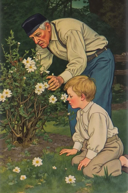 shippengreen1 illustration.
An elderly man and a young boy in a lush outdoor garden.
The elderly man has a weathered face and wears a dark cap and light-colored shirt, bending over a bush with white flowers. The boy is kneeling on the ground, turning his head sideways to look at the flowers.
<lora:shippengreen1_cap_d6a3:1.0><lora:837354860195110293:0>