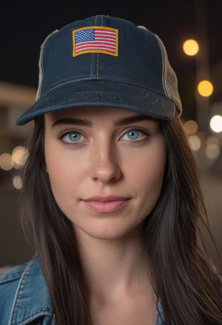 30yo woman holding an American flag.
Blue eyes. perfecteyes 
Wearing Denim jacket trucker hat. 
Long dark black slick back hair. No makeup. Dusk, Street light. Looking at camera POV. Slight smile, tilting head.. Tilt head.
Medium Close Up shot. Bokeh. Bokeh light.