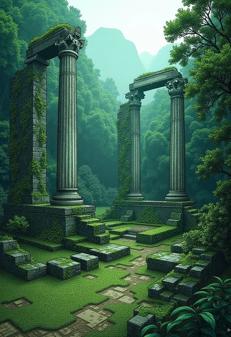 Ancient ruins in a misty forest, stippled illustration in the style of STPPLD, with moss-covered stones, broken columns, and vines creeping over the remnants of a lost civilization, giving a sense of mystery and forgotten history