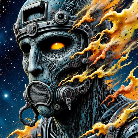 Zombie soldier wearing a biohazard gas mask, black and gold filigree, navy and gold vapor swirls, details in details