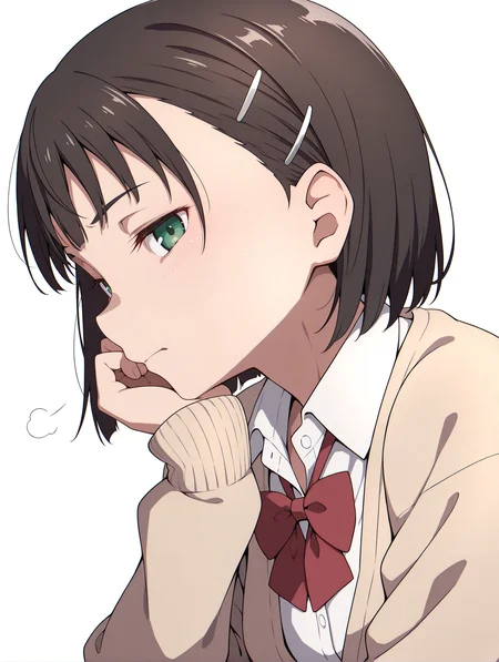 masterpiece,best quality,newest,1girl,solo,
<lora:p_suguha_v1.0:1>,p_sugu,hairclip,green eyes,
white shirt,red bow tie,cardigan,
<lora:Fixhands_anime_bdsqlsz_V1:1>,white background,simple_background,light_blush,upper_body,profile,looking_at_viewer,cheek rest,disdain,sigh,