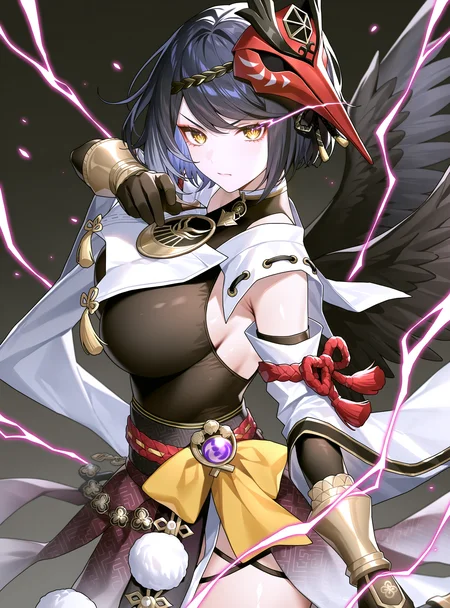 masterpiece, best quality, newest, absurdres, highres,   <lora:ruheeNAI-XL_Vpred:0.8> 1girl, high contrast, solo, kujou sara,  purple eyes, serious, (black background:1.1), large breasts, lightning, eye trail, bright pupils, looking at viewer, from side, v-shaped eyebrows, pale skin, black wings, holding bow \(weapon\), mask on head, shiny skin, cowboy shot, bow \(weapon\)