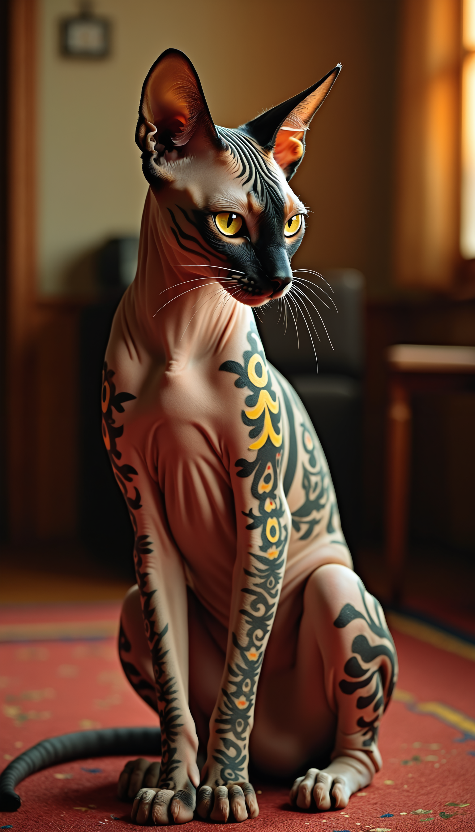 photograph of a yakuza hairless sphinx cat with colorful japan tribal irezumi tattoos, sitting in Japanese room, warm light, taken with a medium format camera