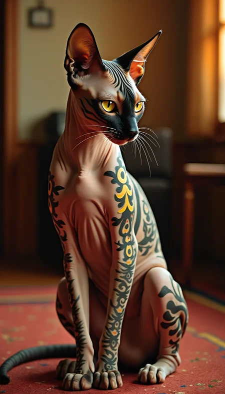 photograph of a yakuza hairless sphinx cat with colorful japan tribal irezumi tattoos, sitting in Japanese room, warm light, taken with a medium format camera